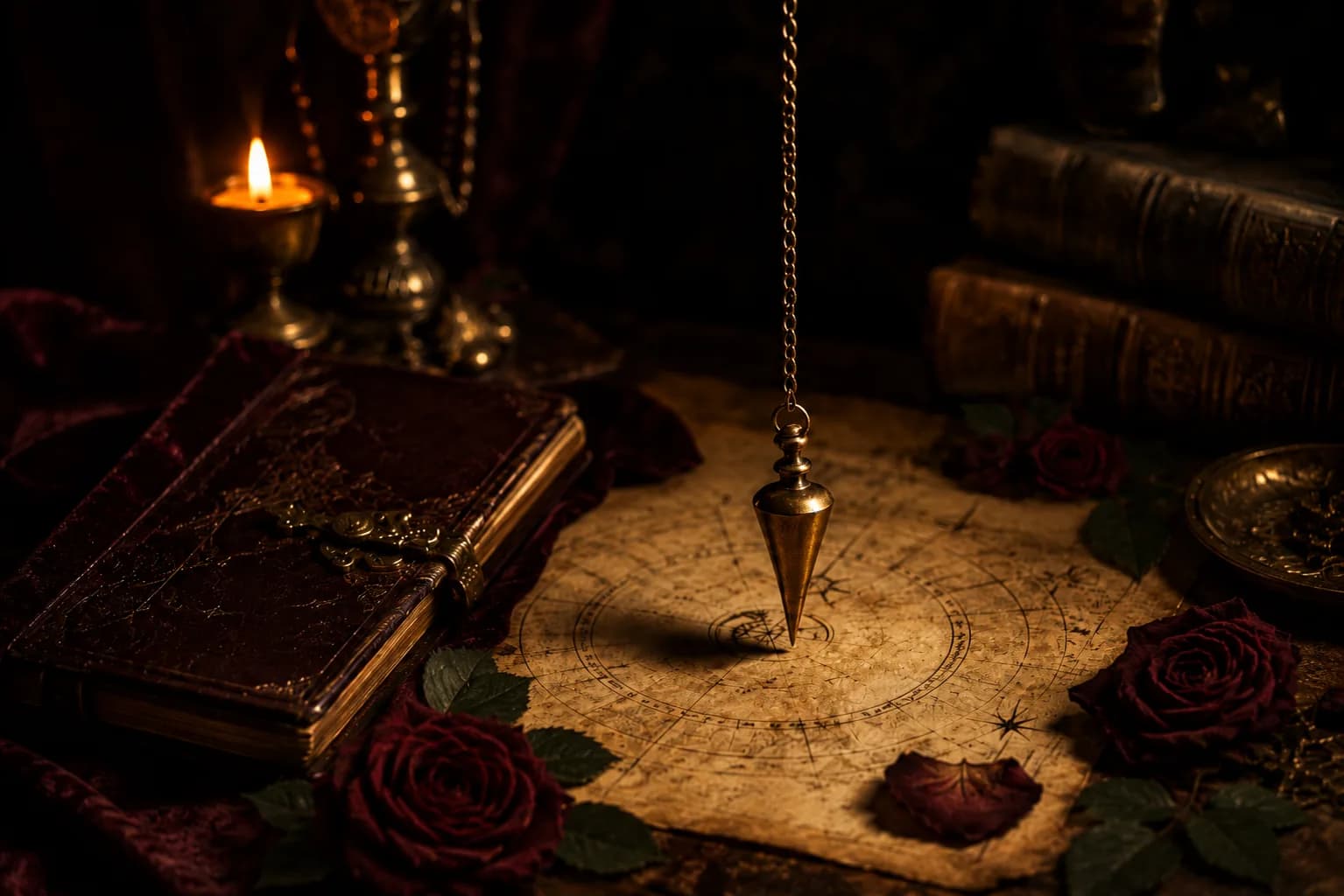 Brass pendulum hanging over an astrological chart, candlelit beside an old leather book and dried roses