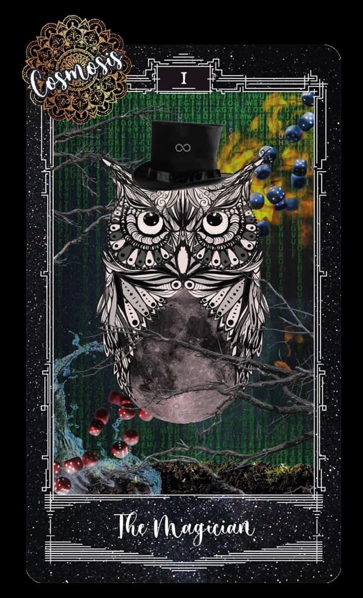The Magician card from the Cosmosis Tarot, an owl in a top hat perched on a full moon