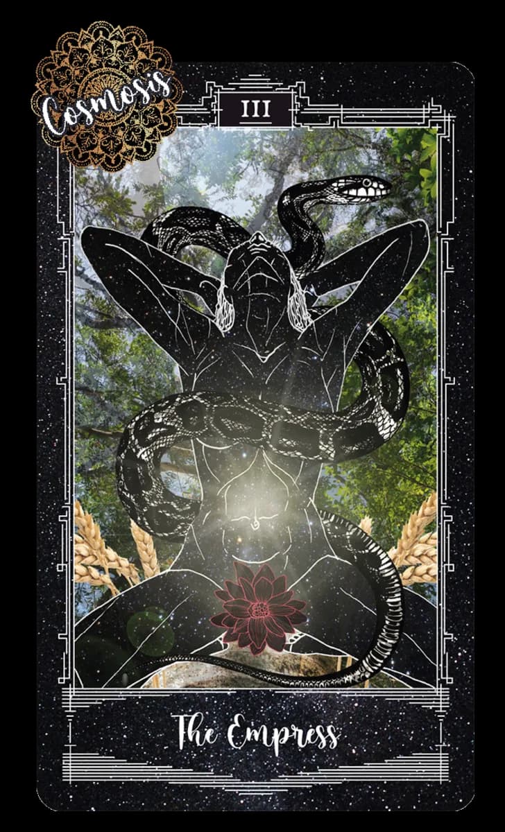 The Empress card from the Cosmosis Tarot, a horned figure surrounded by serpents and foliage against a starfield