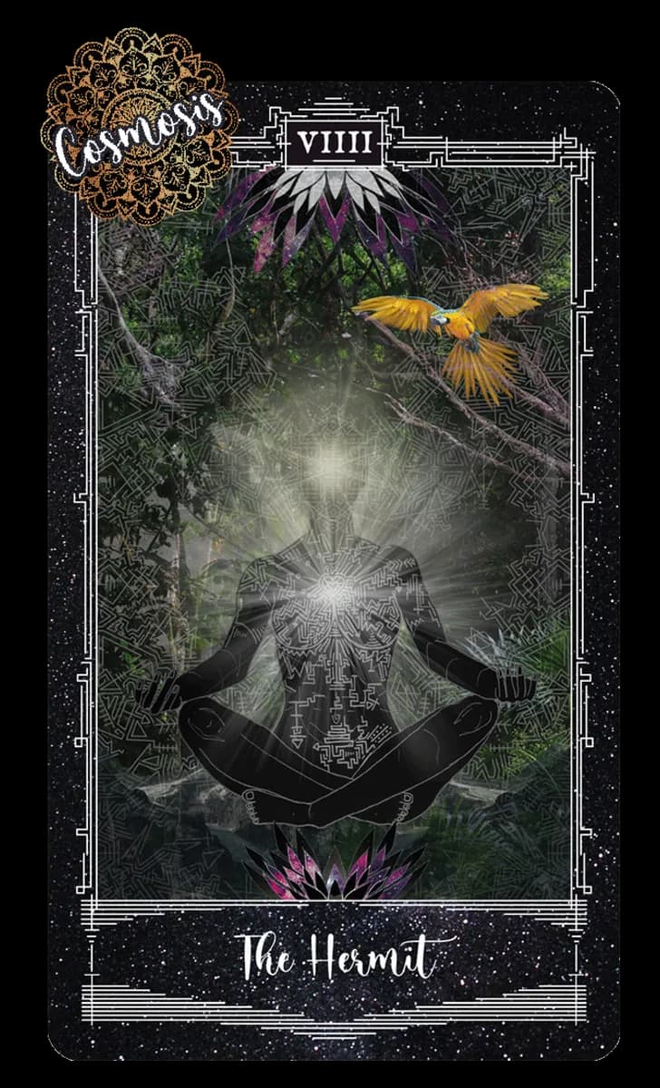 The Hermit card, a meditating silhouette glowing at the crown beneath a macaw in dense jungle foliage