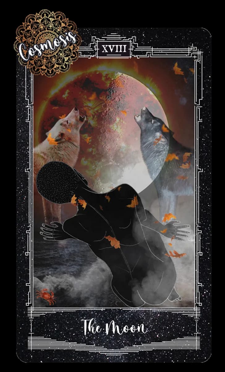 The Moon card from the Cosmosis Tarot, a hunched figure between two howling wolves under a hazy red moon