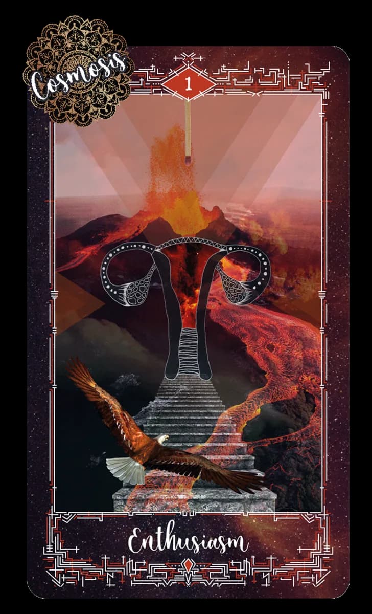 Enthusiasm card from the Cosmosis Tarot, a stone staircase climbing a fiery volcano while an eagle soars below