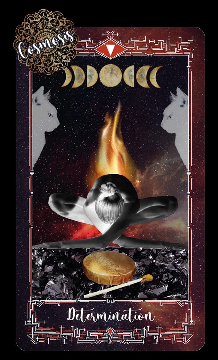 Determination card, a meditating silhouette wreathed in flame above a drum and matches, flanked by two white cats