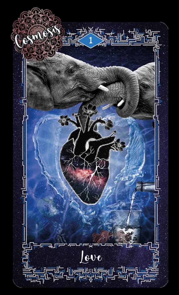 Love card from the Cosmosis Tarot, two elephants touching trunks above a glowing heart filled with starry nebula