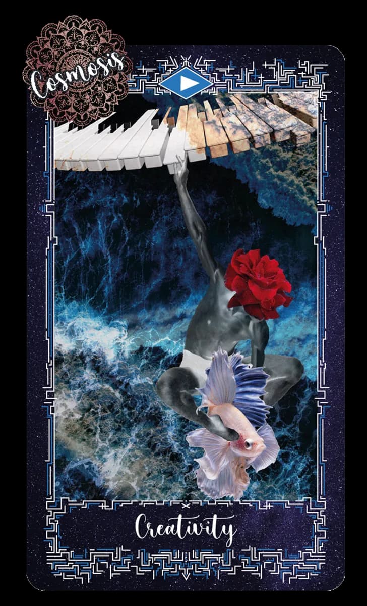Creativity card, a figure diving from piano keys into ocean waves beside a red rose and a betta fish
