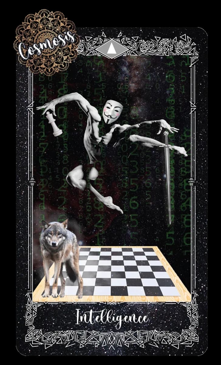 Intelligence card by Fanny Wuyts and Bridge Berne, a masked figure leaping over a chessboard with a sword beside a grey wolf