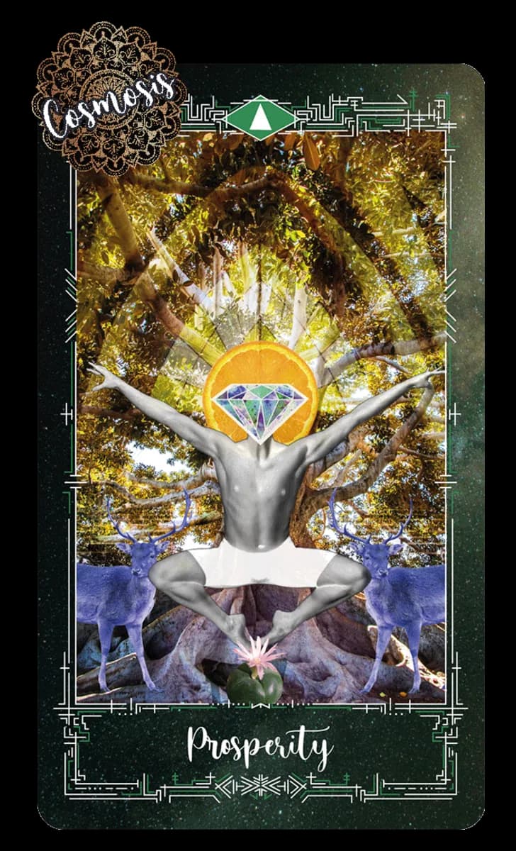 Prosperity card, a meditating figure haloed by an orange sun and diamond beneath a canopy, flanked by two stags