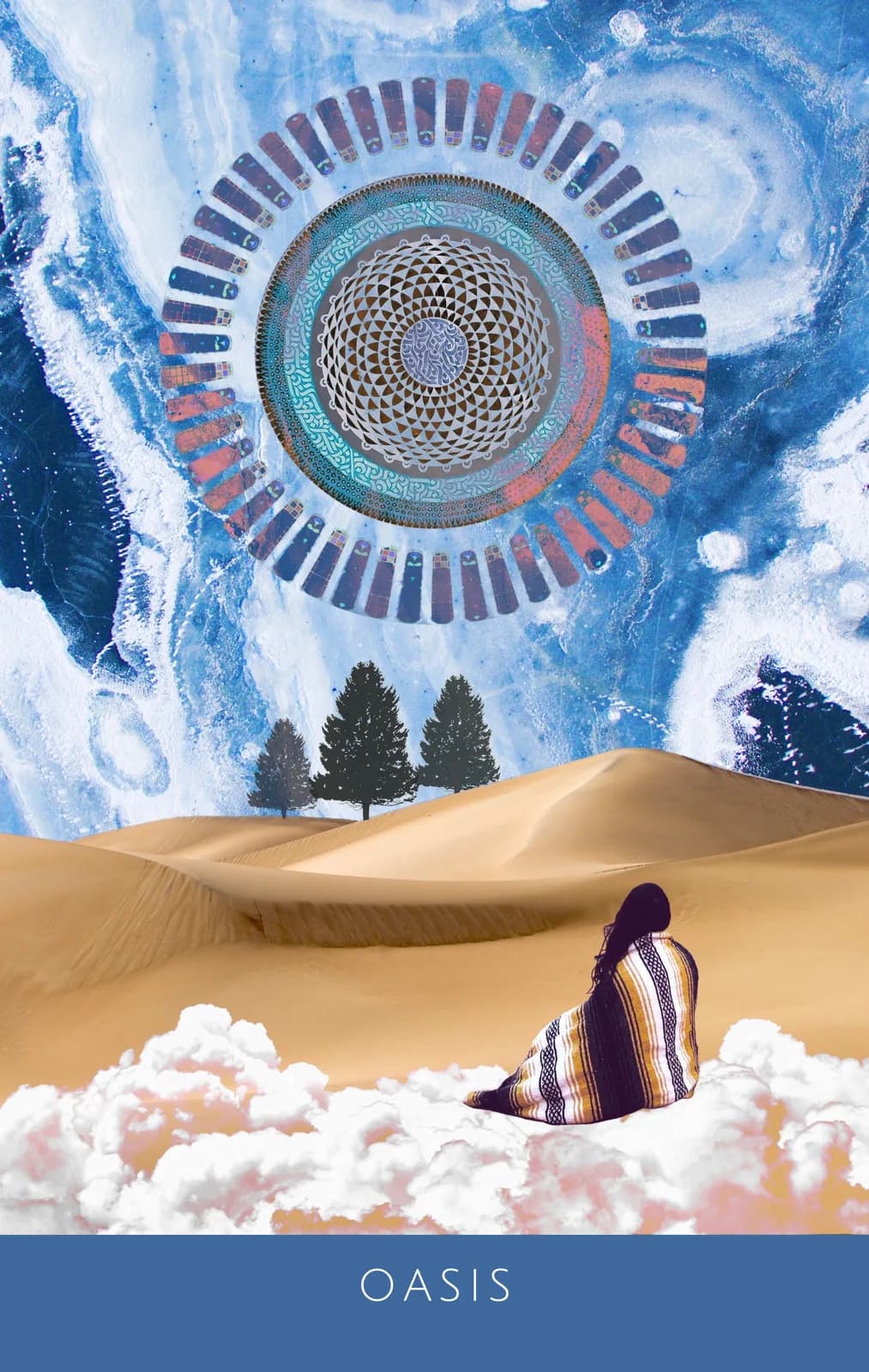 The Oasis card from the Deep Place Oracle, a robed figure resting among desert dunes beneath a mandala circle in the sky