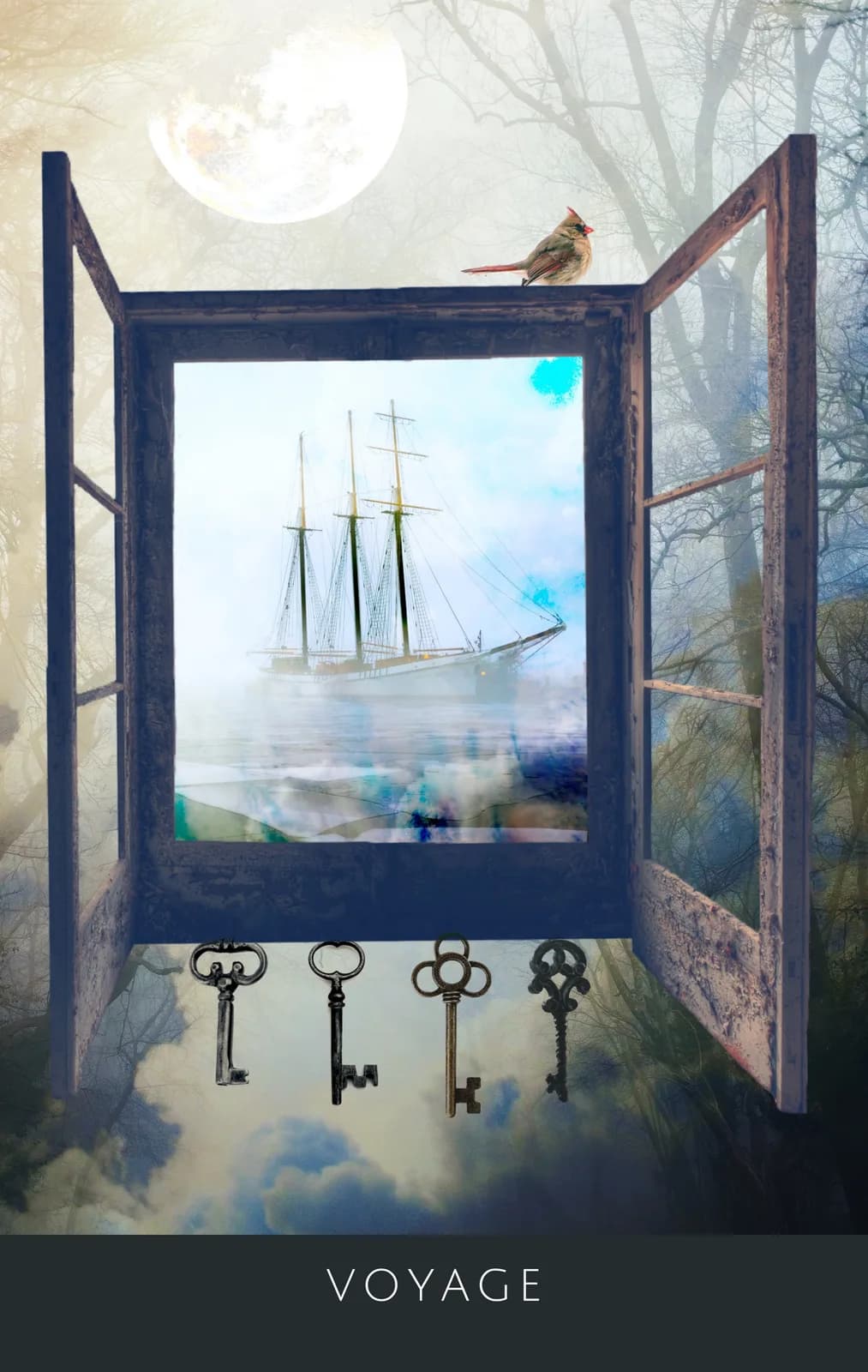 The Voyage card from the Deep Place Oracle, an open window framing a tall ship at sea with four keys hanging beneath it