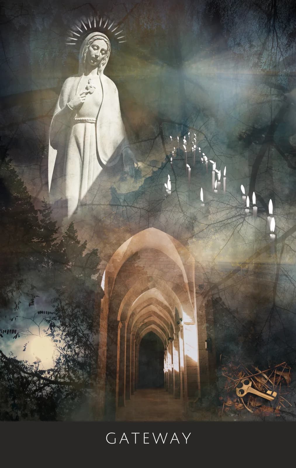 The Gateway card from the Deep Place Oracle, a glowing statue and a line of candles above a stone archway corridor