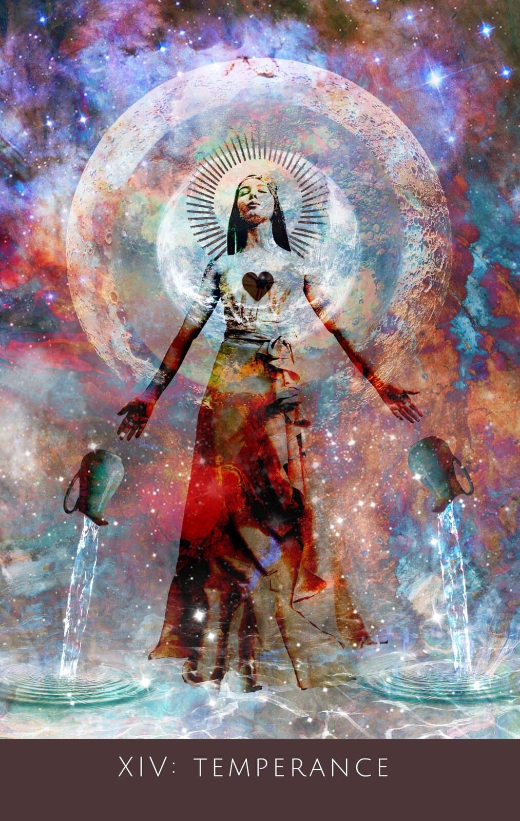 Temperance from the Rooted Remembrance Tarot, a radiant figure with a glowing heart pouring water from twin vessels beneath a full moon