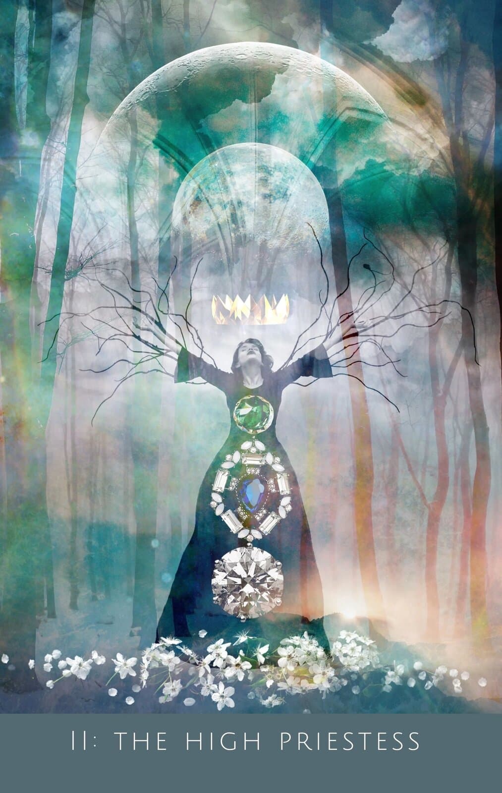 The High Priestess card, a crowned silhouette standing among bare winter trees with gemstone pendants and white flowers at her feet