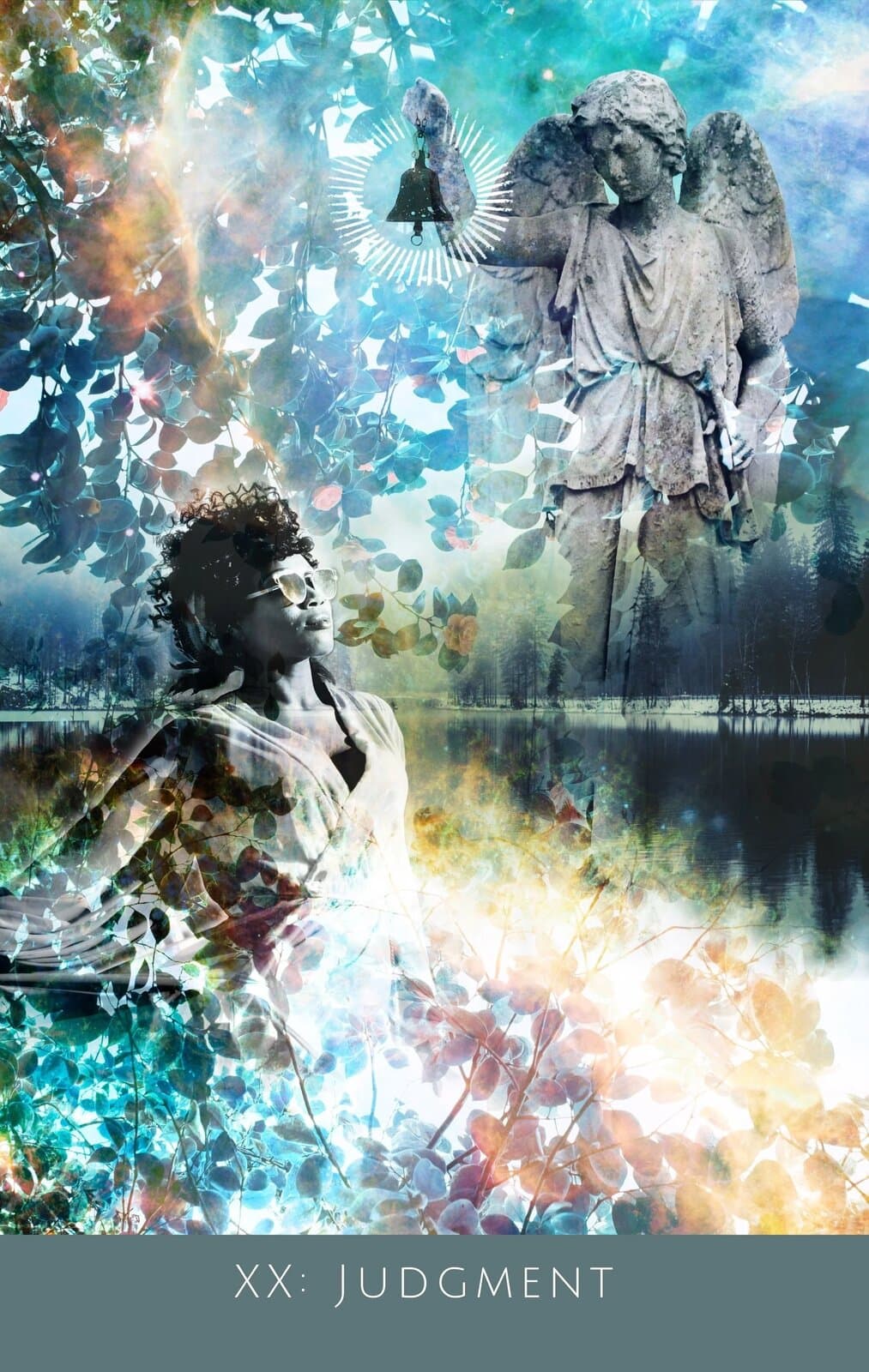 Judgment from the deck, a stone angel ringing a bell above a robed figure beside still water and autumn leaves
