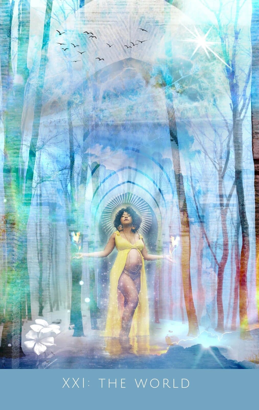 The World card, a golden gowned figure walking through an archway of bare trees beneath a flock of birds