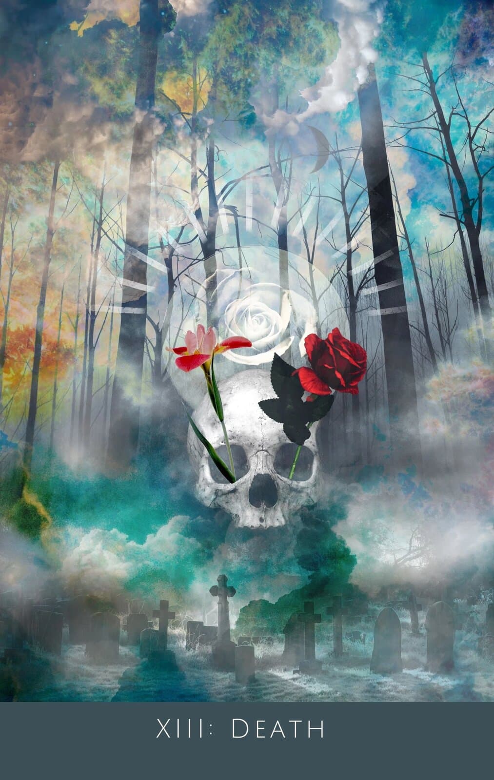 Death from the Rooted Remembrance Tarot, a skull wreathed in red and white roses set against misty trees and gravestones