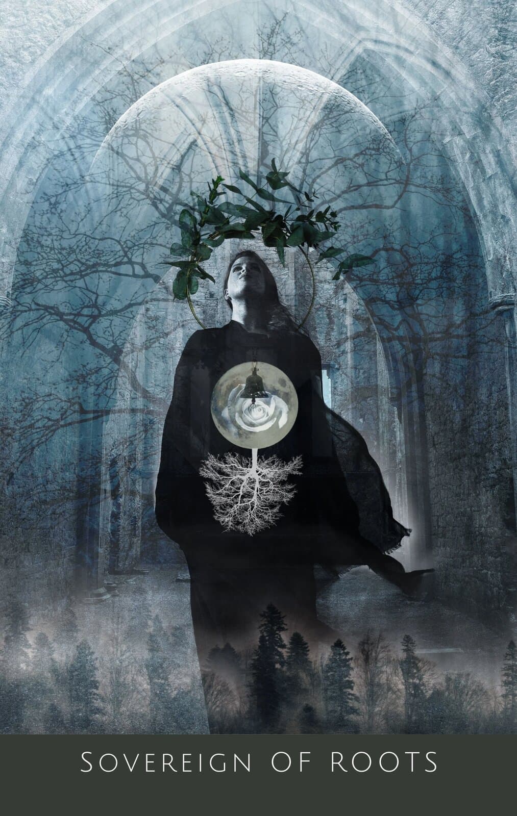 Sovereign of Roots, a dark robed figure crowned with leaves standing before an arched ruin and a pale moon