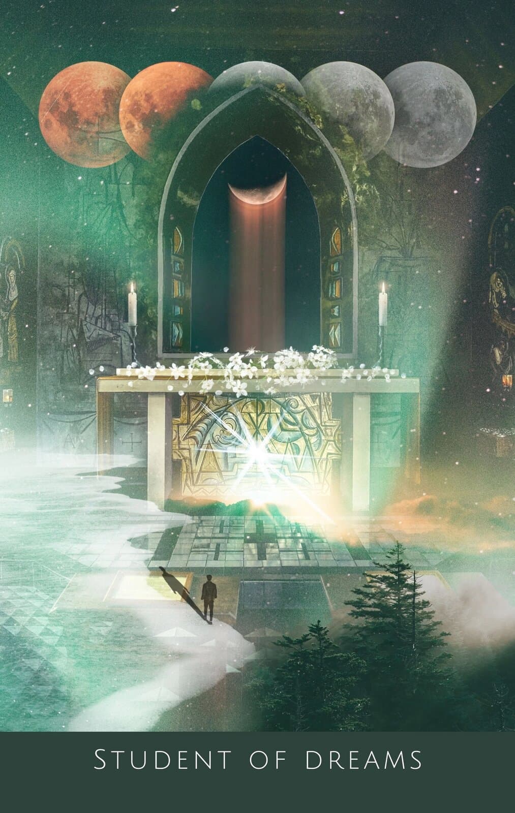 Student of Dreams, a lone figure walking towards a glowing altar beneath five aligned moons and stained glass