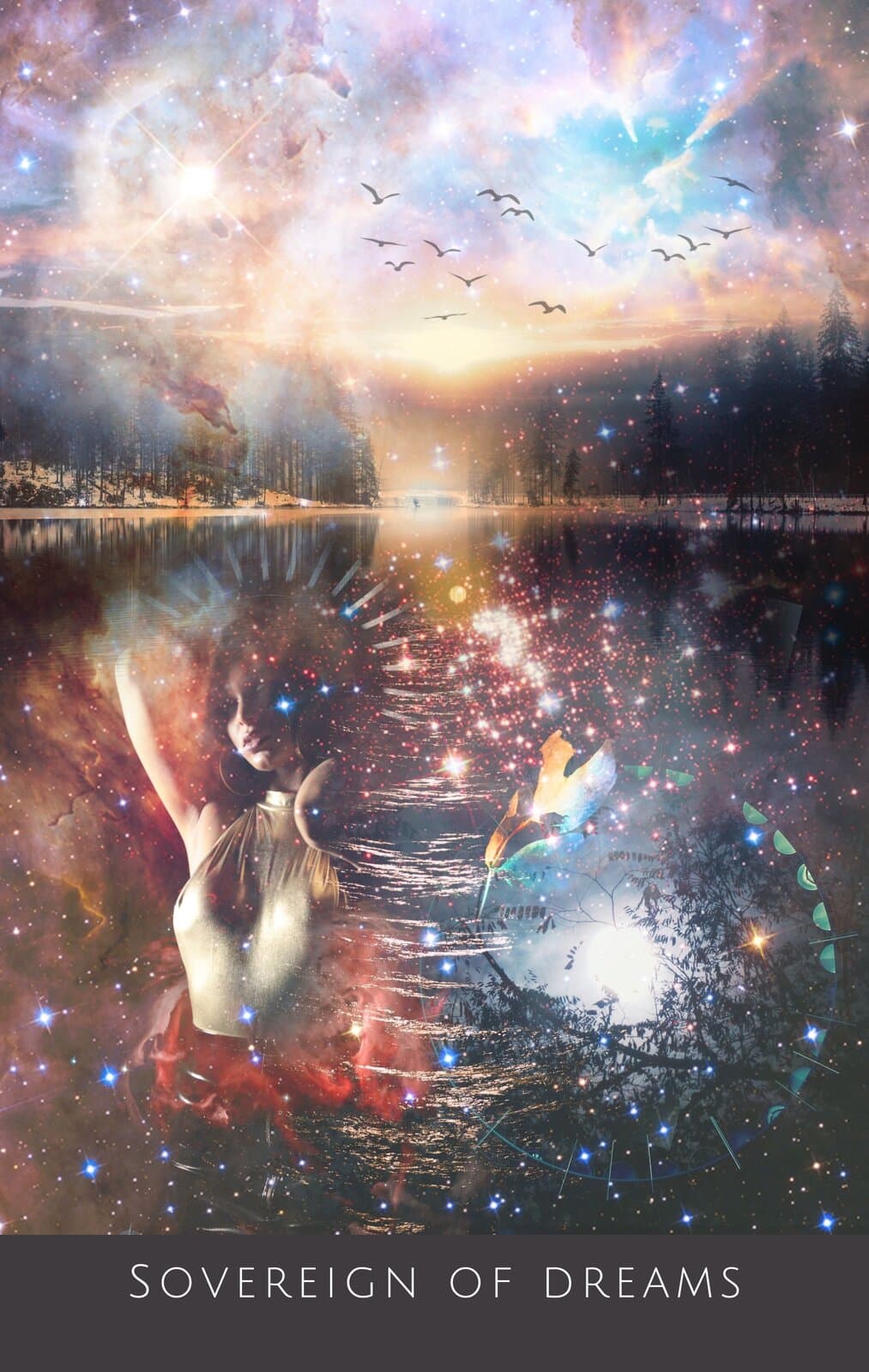 Sovereign of Dreams, a figure wading into a starlit lake beneath birds crossing a rose gold sky
