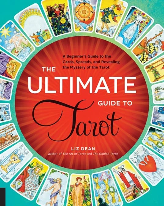 The white cover of The Ultimate Guide to Tarot by Liz Dean, its title set across a bright red sunburst circle