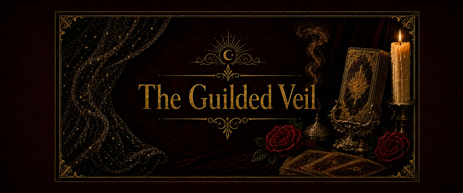 The Guilded Veil: wordmark on velvet beside a candle, ornate tarot deck on a gold stand and crimson roses